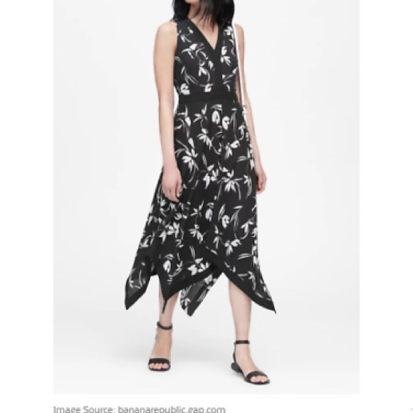 Banana Republic black and white dress handkerchief hem v-neck - Picture 1 of 11